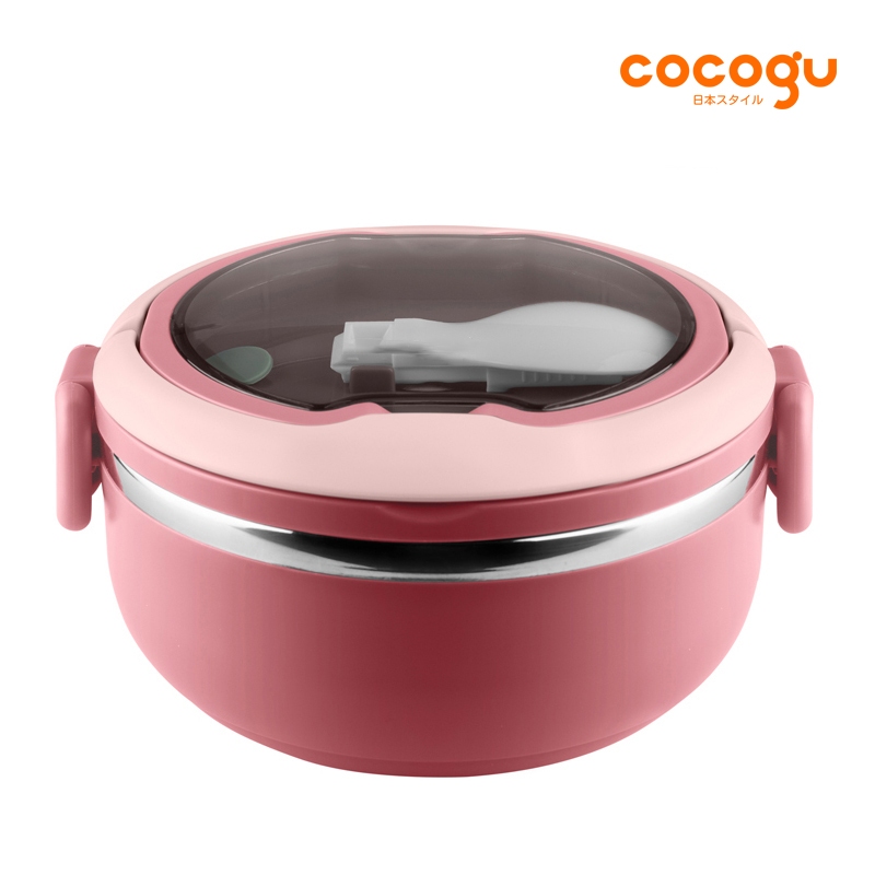 [คูปองลดเลย 100.-] COCOGU กล่องอาหารสเตนเลสทรงกลม พร้อมช้อน 700ml รุ่น #6731 - pink ราคา 99 บาท*ส่งฟรี
