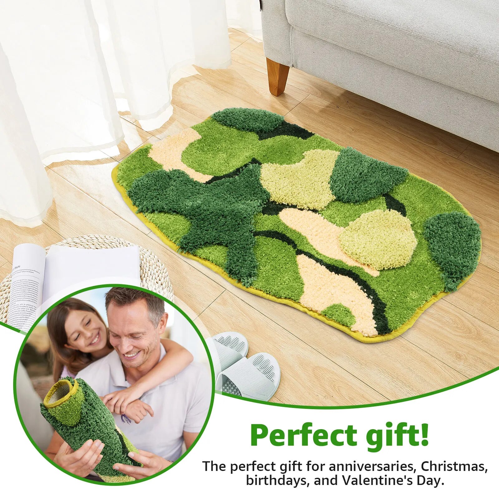 Green Moss Leaf Bath Mat Super Absorbent Bath Mat Soft Microfiber Machine Washable Shower Mat Non-Slip Moss Bathroom Rugs Decor