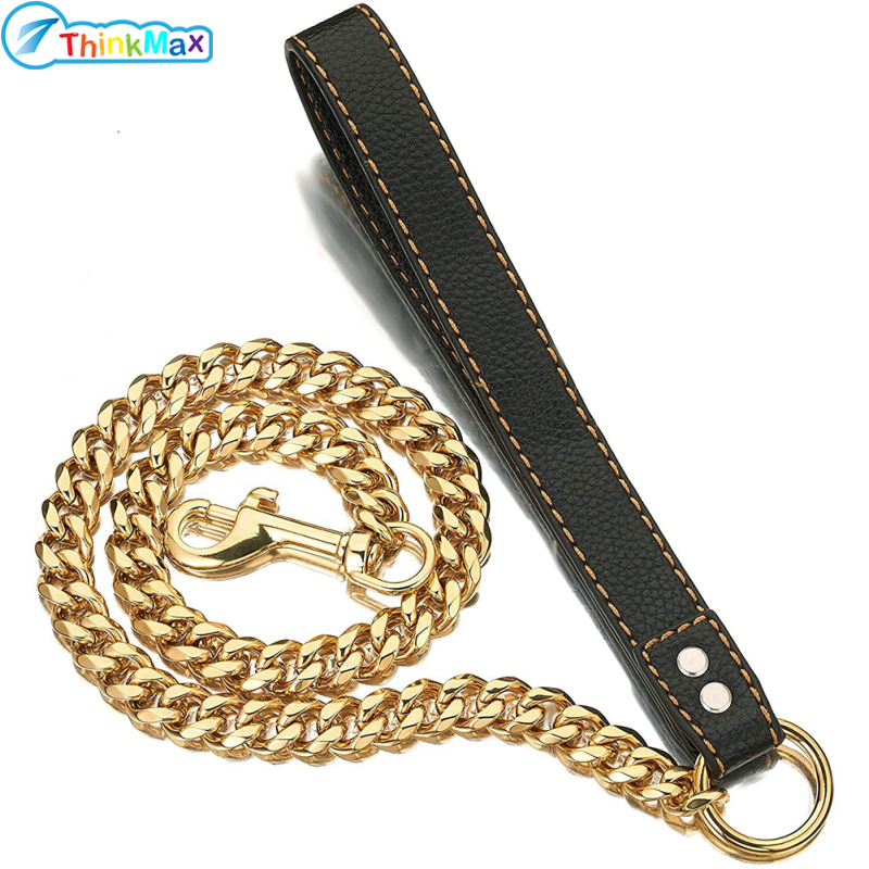 15mm Pet Dog Leash Chain Traction Rope Stainless Steel Cuban Link Collar With Leather Handle For Walking Training ราคา 957 บาท*ส่งฟรี