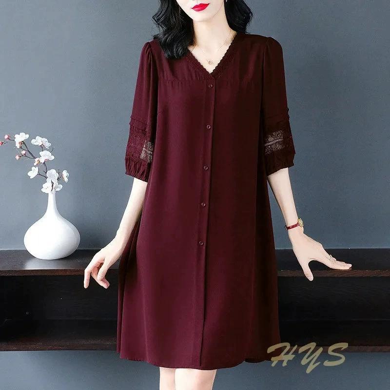 Phụ nữ chân váy đen cỡ lỡn rộng ĐẦM MÙA HÈ mẹ mới phụ nữ trung niên và người cao tuổi mùa hè giản dị