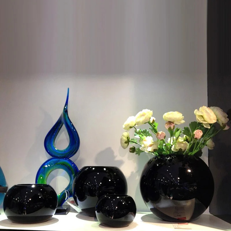 【】 And Modern Black Spherical Glass Vase Hotel Lobby Desk White Floral Home Soft Decoration Decor Vase