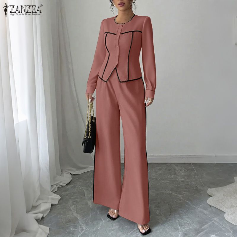 Celmia ZANZEA Phụ Nữ Hai-Mảnh Trang Phục Thanh Lịch khâu đính dài tay đường kẻ màu Top quần ống rộng Bộ #1117