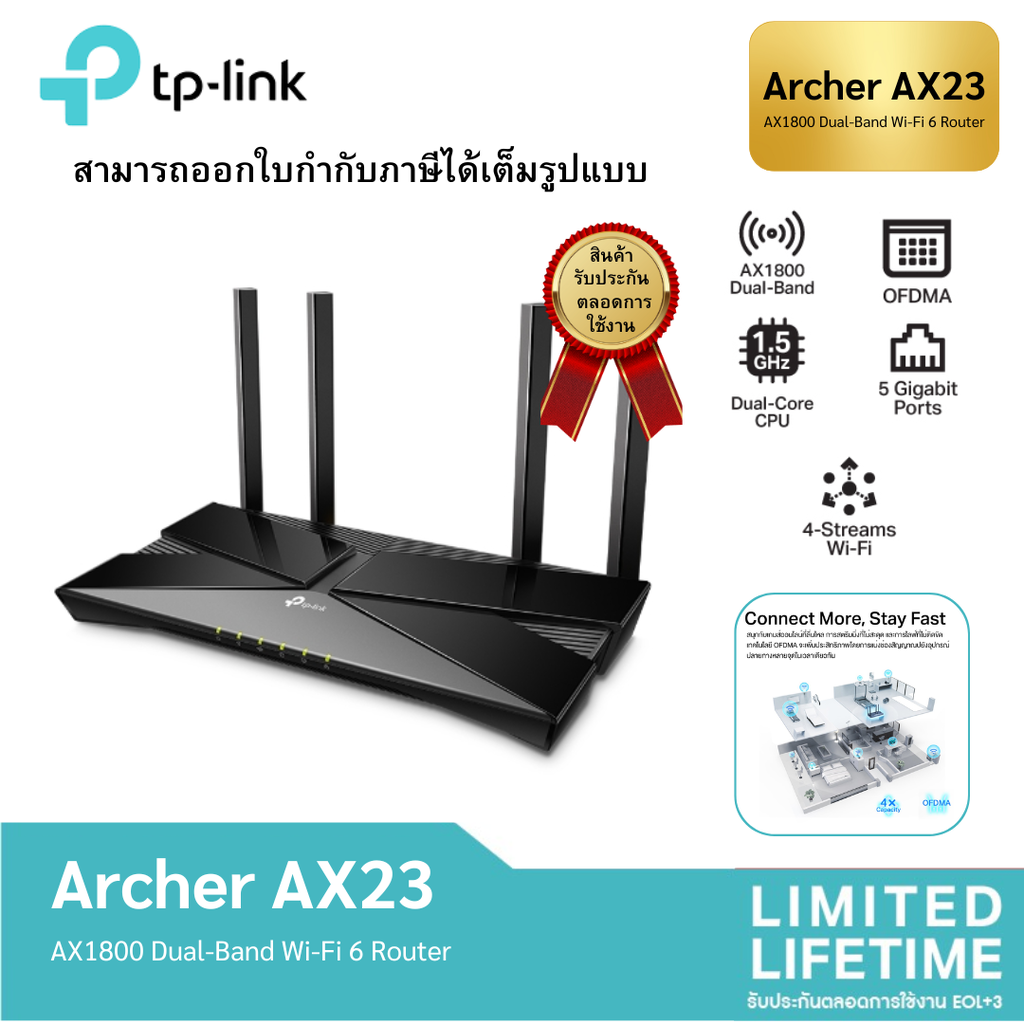 TP-Link Archer AX23 AX1800 Dual-Band เราเตอร์ Wi-Fi 6 (ไม่รองรับการใส่ซิม) สนุกกับเกมส์ออนไลน์ที่ลื่นไหล การสตรีมมิ่งและการไลฟ์ที่ไม่สะดุด ราคา 1,445 บาท*ส่งฟรี