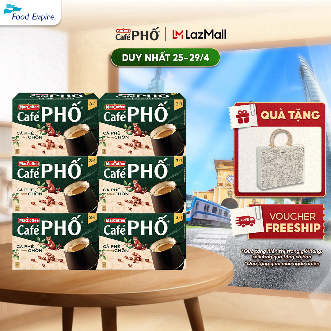 Combo 6 Hộp MacCoffee Cafe PHỐ Cà phê hương chồn (hộp 10 gói x 16g)