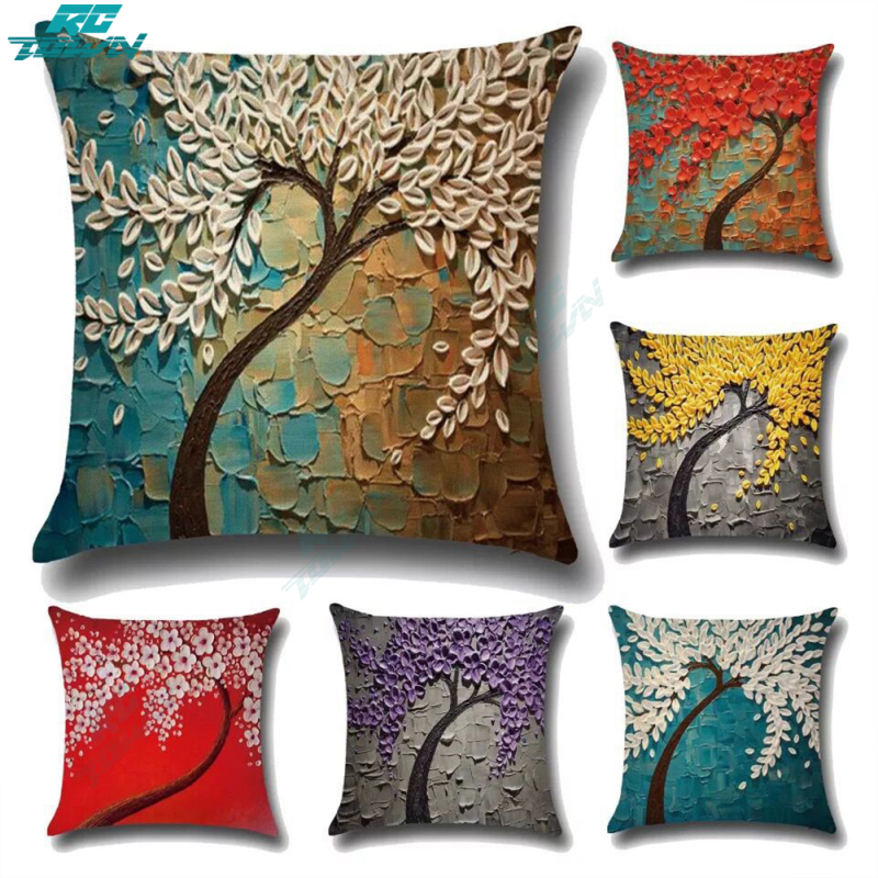 Breathable Pillow Protectors Cases, Peach Skin Velvet Personality Three-dimensional Oil Painting Tree Flower Pattern Sofa Pillow Cushion Cover, Soft Skin-friendly Square Pillow Case 45x45cm ราคา 63 บาท*ส่งฟรี