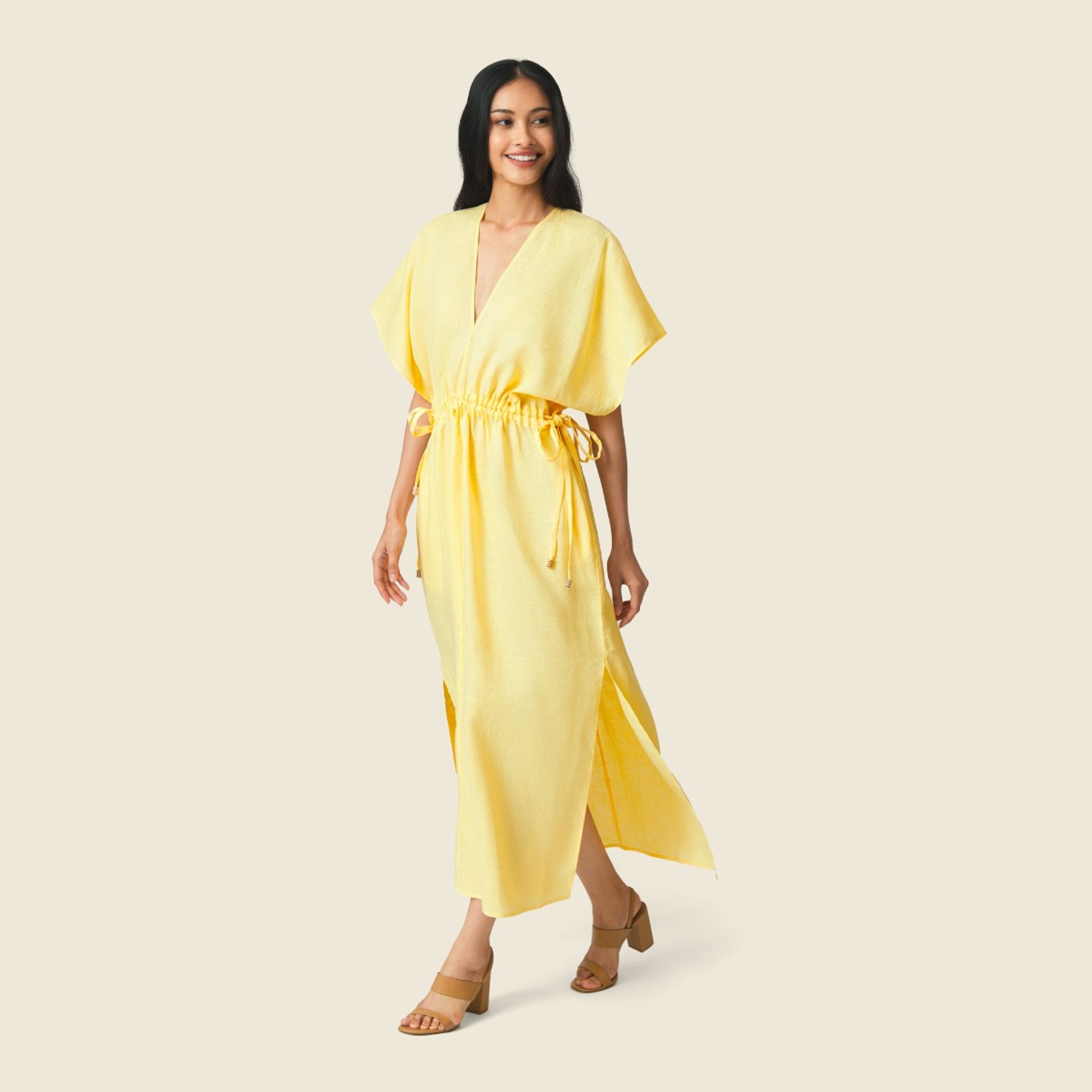 Linen Cinched Waist Kaftan Dress - Light Yellow ราคา 6,200 บาท*ส่งฟรี