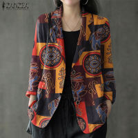 Zanzea womens kỳ nghỉ bộ đồ mỏng áo retro ve áo in hình vải lanh cotton tay áo dài blazer #0902