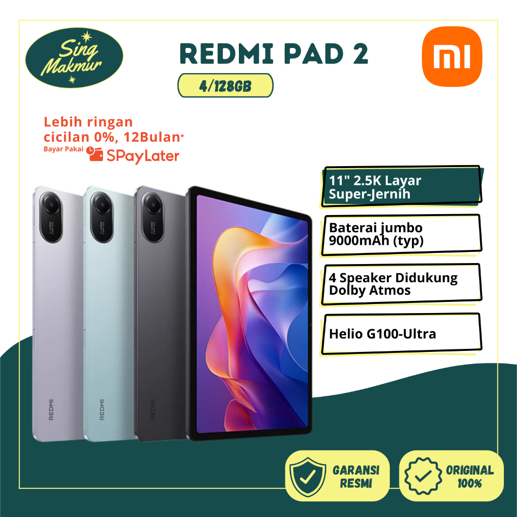 Xiaomi Redmi Pad 2 4/128GB – Tablet Layar 11" 2.5K | Dolby Atmos | Garansi Resmi Harga  2,299,000 Ringgit*Penghantaran Percuma