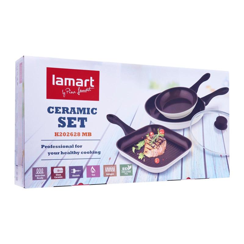 Lamart Ceramic Cookware Set 4Pcs - 1 Pan With Lid/1 Fry Pan/1 Grill Pan Singapore