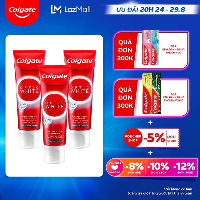 [Ưu đãi 20H 24.8 - 29.8_Áp voucher Colgate 5% + voucher LZD 8%]Bộ Kem Đánh Răng Colgate trắng răng Optic White cho răng sáng bóng từ tinh thể khoáng trắng