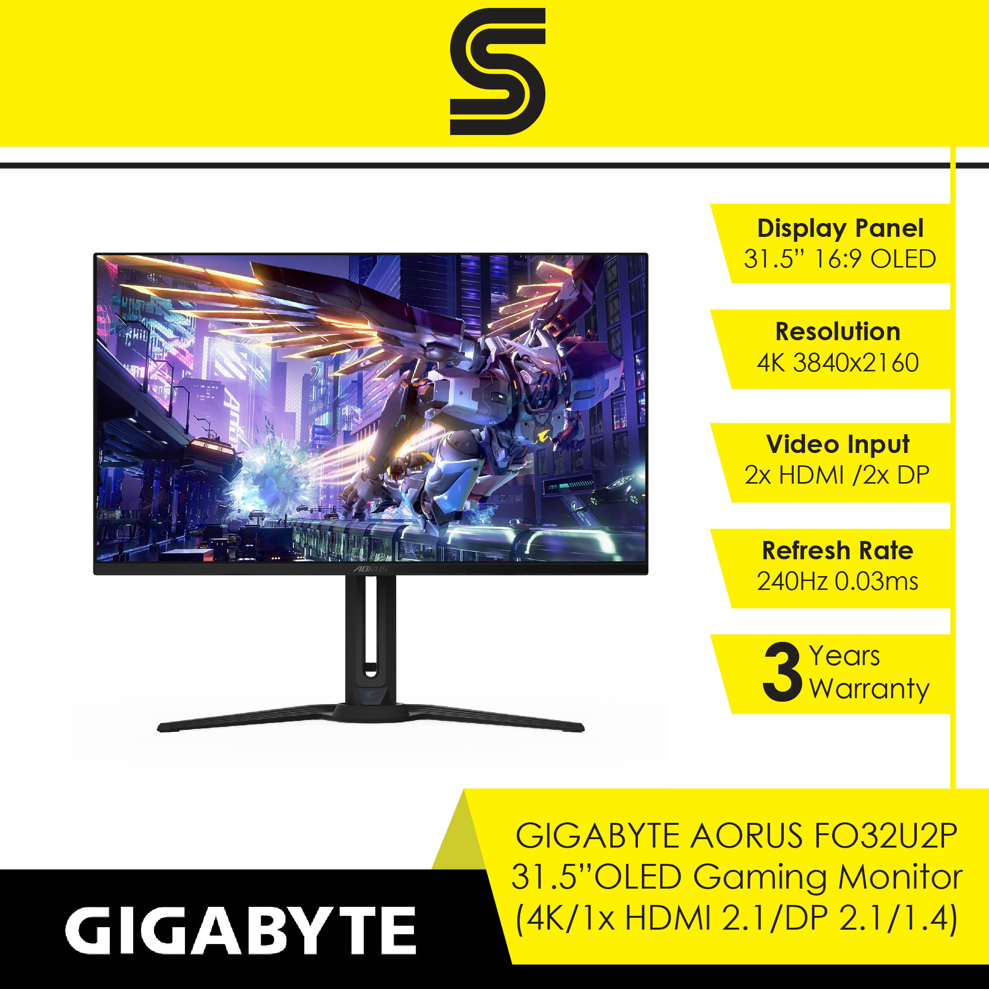 GIGABYTE AORUS FO32U2P 31.5" OLED 4K Gaming Monitor (240Hz/0.03ms/2x HDMI/2x DP/1x Type-C/VESA)