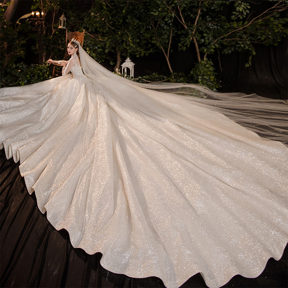 [MFPP] New Arrivals O-Neck Open Back Long Sleeve Appliques Beading Shiny Princess A-Line Wedding Dresses With Chapel Train ✬✫✩