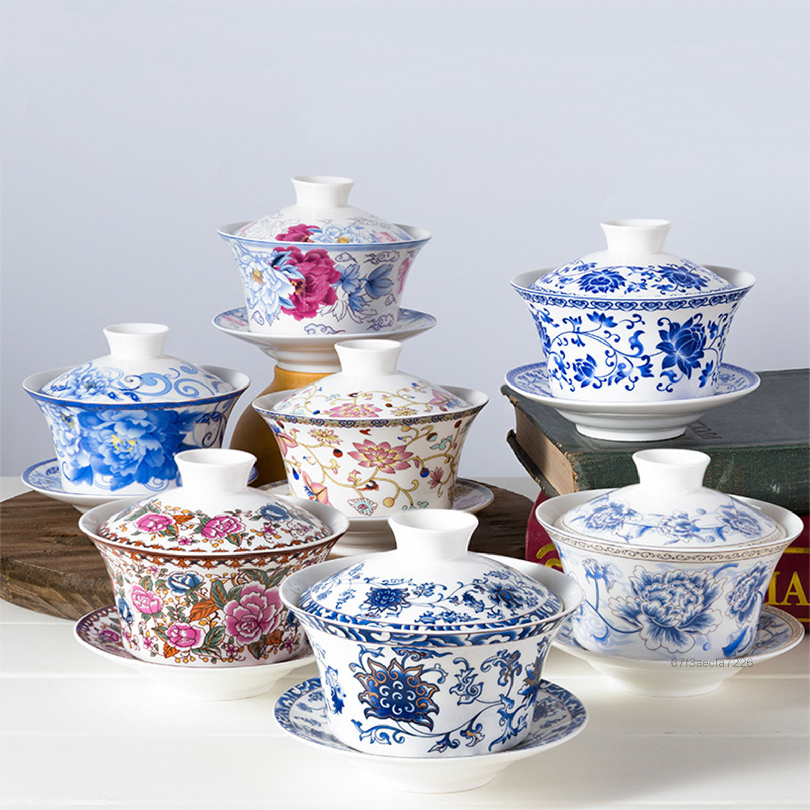 Classic China Gaiwan Tea Bowl White Porcelain Flower Pattern Tea Cup Set with Lid and Saucer for Home Gifting Tea Party TF-VN