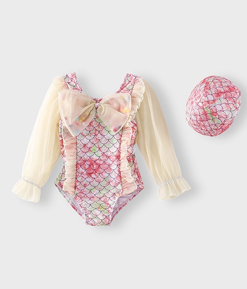 Trẻ em em bé bé gái Đồ bơi một mảnh bikini in Mặt Trời quy mô Tie tay áo xếp nếp Bow áo tắm dài bảo vệ cá