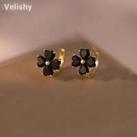 Velishy ต่างหูเม็ดเดี่ยวลายดอกไม้สีดำขนาดเล็กสี่ใบสำหรับผู้หญิงเครื่องประดับสำหรับงานเลี้ยงของขวัญ