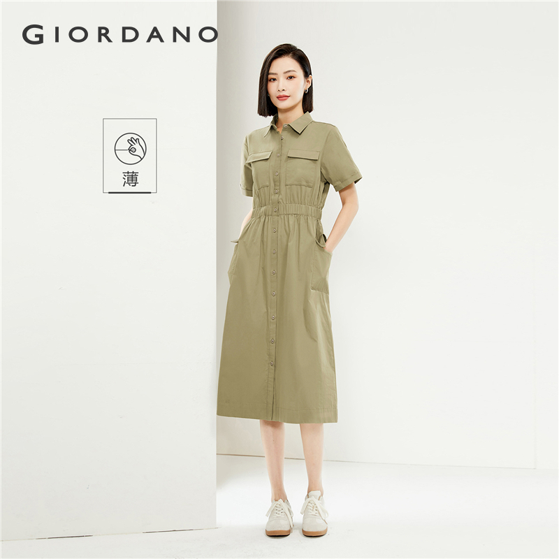 GIORDANO Nữ Váy 100% Cotton Nhẹ Áo Sơ Mi Tay Ngắn Áo Lưng Thun Đơn Giản Thời Trang Áo 05464338