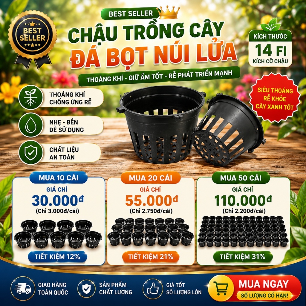 Combo 10/20/50 Cái Chậu Trồng Cây Size 14 FI - Chậu Nhựa Siêu Thoáng Khí Chống Úng Rễ Giá Sỉ