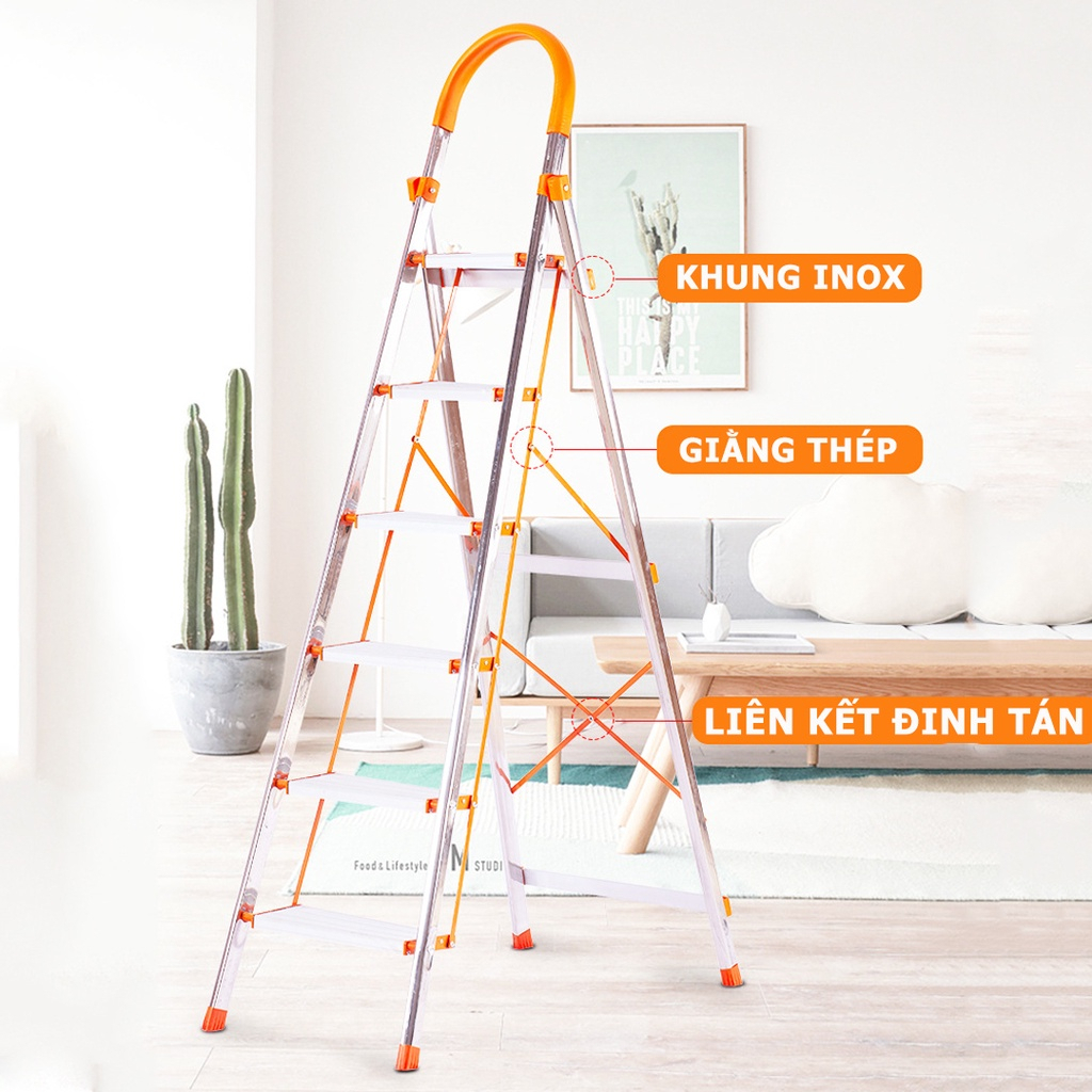 Thang Ghế Nhôm Chữ A 6 bậc Gấp Gọn Có Tay Vịn Cực Kì Chắc Chắn Tiện Dụng Đủ Loại-Thang Gấp Inox Tải Trọng 150Kg