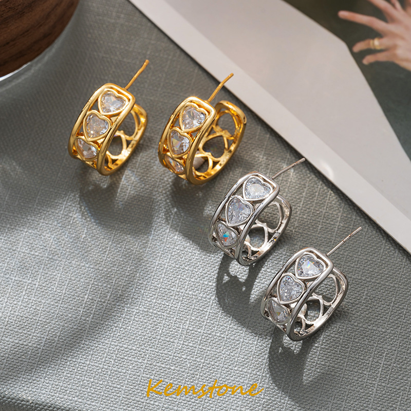 Kemstone mạ bạc thời trang mạ vàng sáng bóng tình yêu đá Cubic Zirconia C khuyên nụ rỗng cho món quà trang sức nữ