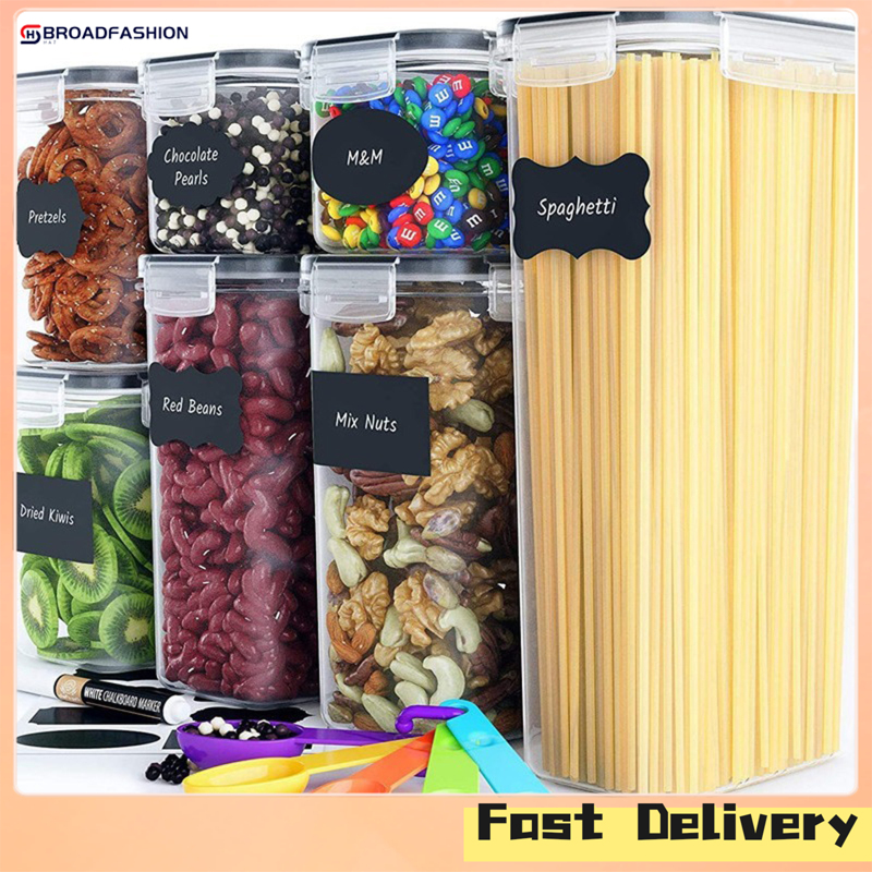 Broadfashion IN stock 7 Piece Airtight Storage Container With Sticker Marker Lids Measuring Spoon Square Clear Food Canisters For Pantry Kitchen ราคา 750 บาท*ส่งฟรี