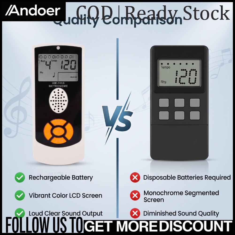 Andoer เครื่องเมตรอนอมดิจิตอลแบบชาร์จไฟได้หน้าจอ LCD เครื่องเมตรอนอมสำหรับกีตาร์เปียโนกลองไวโอลินเครื่องเมตรอนอมอิเล็กทรอนิกส์สำหรับเครื่องดนตรีทั้งหมด ราคา 727 บาท*ส่งฟรี