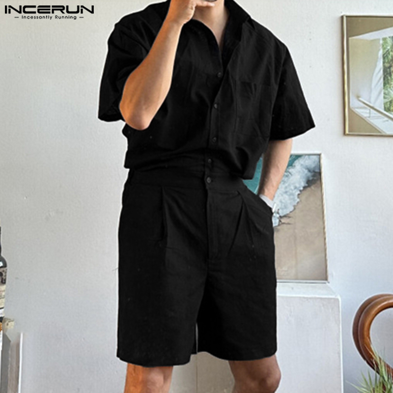 INCERUN Mens 2PCS Short Sleeve Vacation Lapel Cotton Tops + Shorts Suits