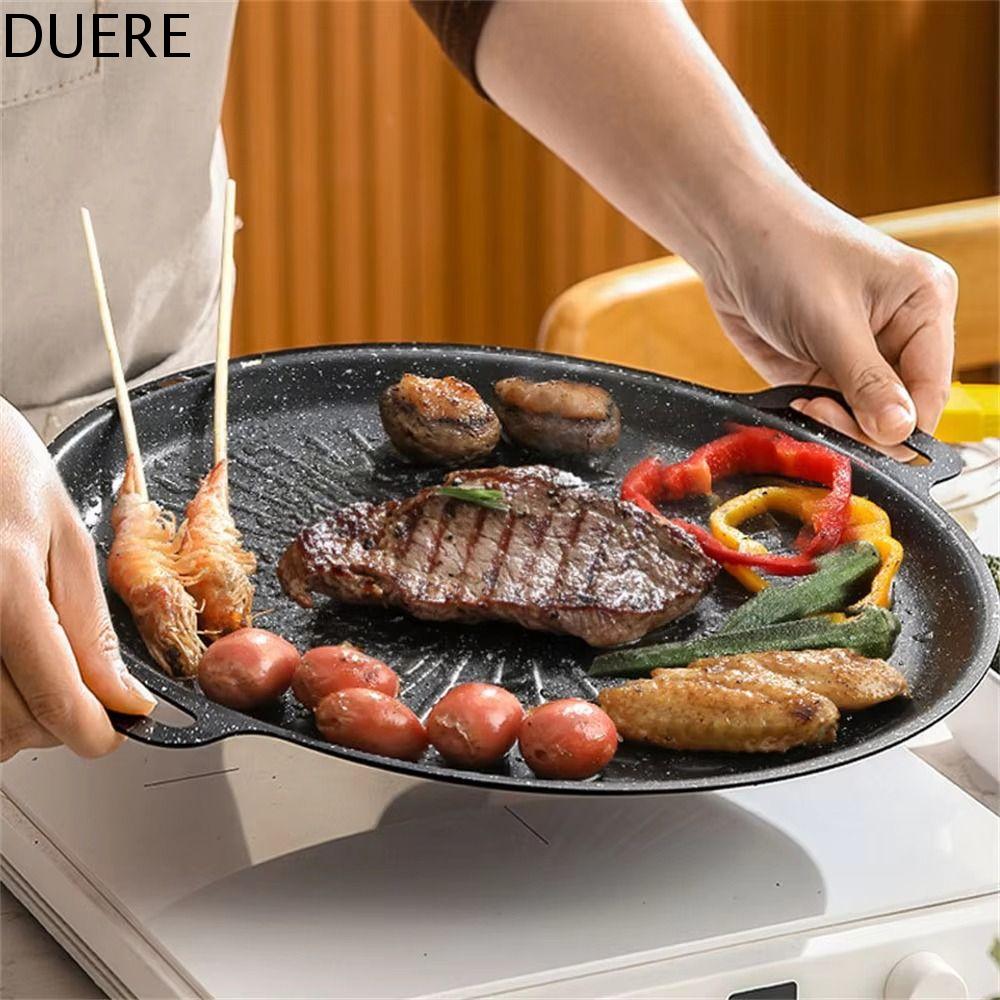DUERE Thép carbon Chảo nướng thịt Hàn Quốc Dày Không dính Chảo chiên Di động Chịu nhiệt Chảo nướng BBQ Sử dụng trong gia đình