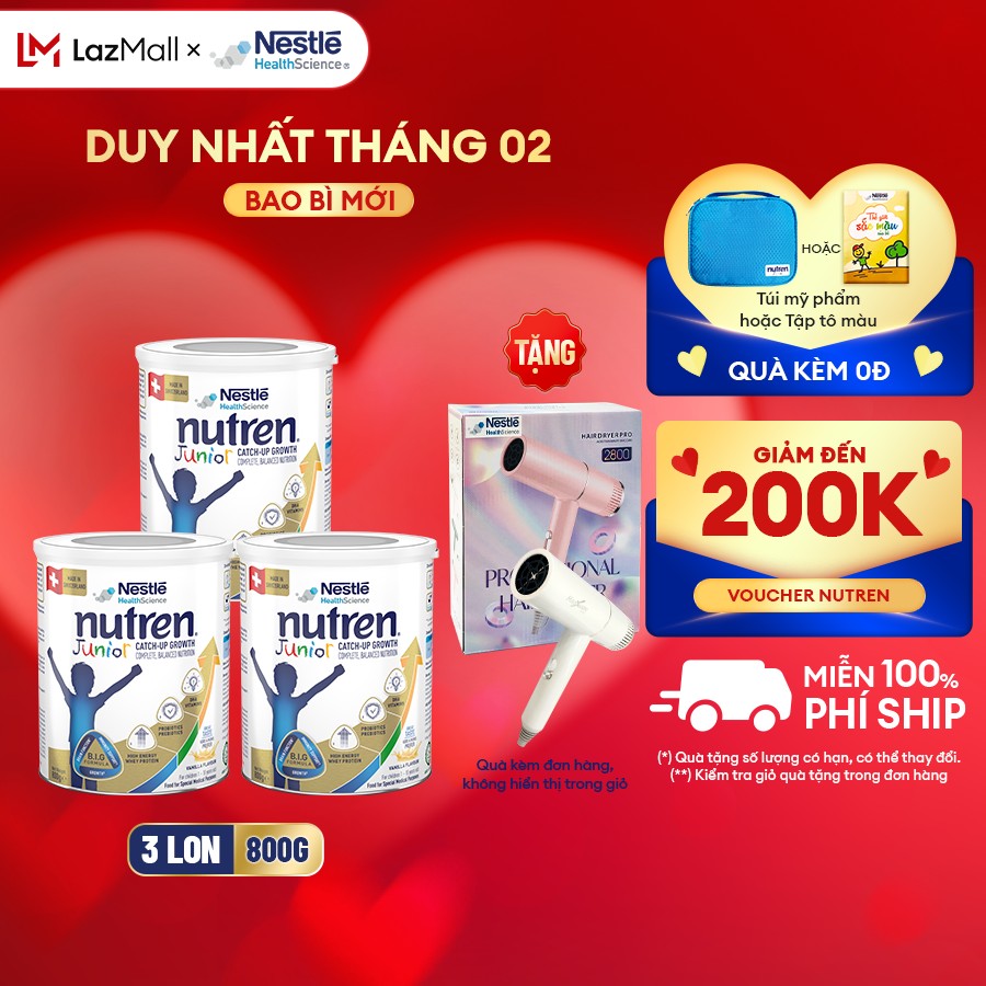 [Tặng Máy sấy tóc] Combo 3 Lon Sữa bột Nutren Junior Thụy Sĩ hỗ trợ tăng cân tiêu hóa tốt cho trẻ từ