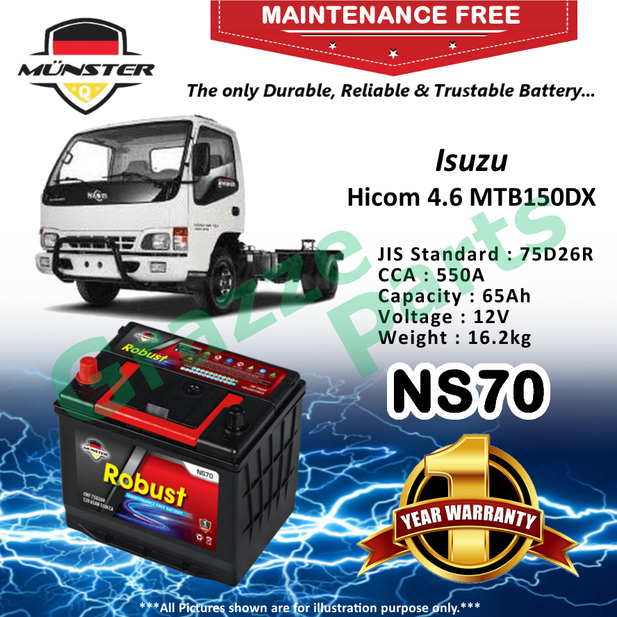 Mnster Robust MF CMF NS70 | NS70R | 75D26R (65AH) Car Battery Bateri Kereta for Isuzu Hicom 4.6 4600cc