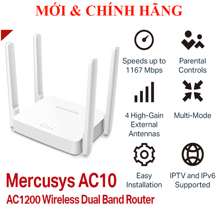 Bộ Phát Wifi Băng Tần Kép Chuẩn AC 1200Mbps Mercusys AC10