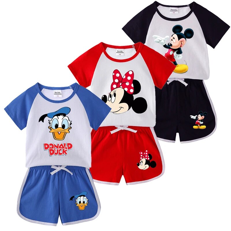 1 Mùa Hè Trẻ Em Phim Hoạt Hình quần áo thể thao Phù Hợp Với Donald Vịt Mickey Bộ quần áo Cho Bé Trai 100% Cotton Bé Cô Gái Minnie Quần Áo