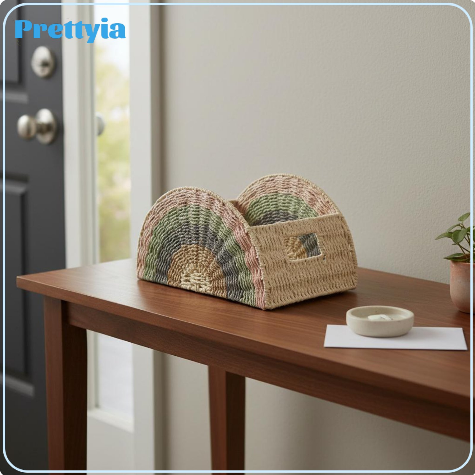 Prettyia Bohemian Aesthetic Rainbow Woven Basket Decorative Fan Shaped Storage Holder Paper Rope Organizer Basket for Desktop