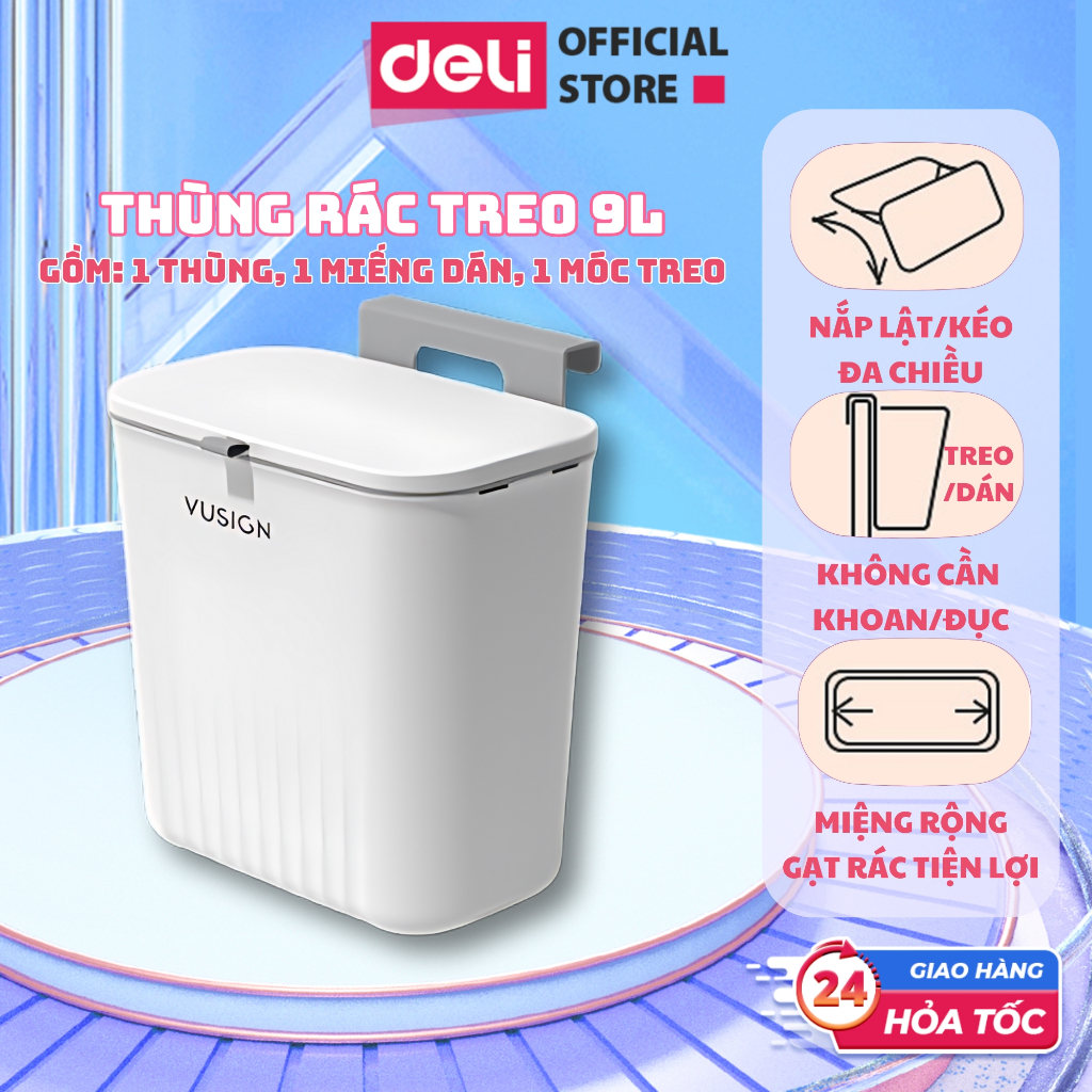 Thùng Rác Treo Tủ 9L Thông Minh Deli - Tặng Móc Treo/Dán Ở Bếp WC Có Nắp Kín, Chịu Lực 5KG