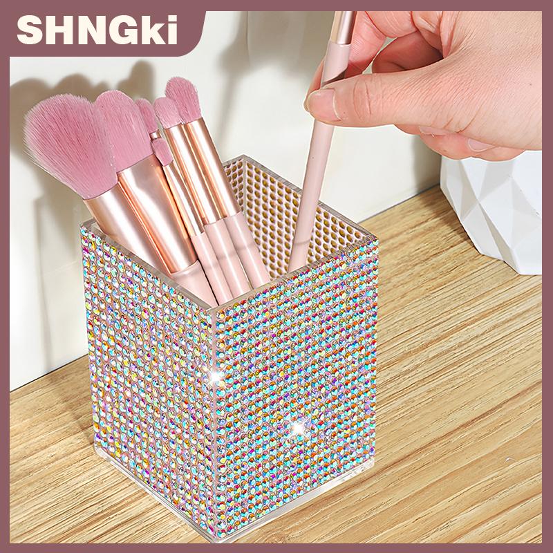 SHNGki Bling Kim Cương Bút Container Với 3 Khe Cắm Bút Chì Chủ Trang Điểm Bàn Chải Lưu Trữ Hộp Rhinestone Máy Tính Để Bàn Bàn Bàn Trang Điểm Tổ Chức Công Cụ