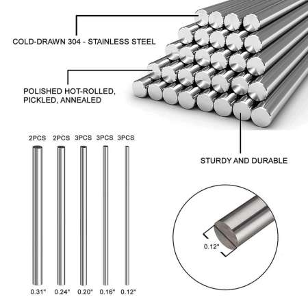 304 Stainless Steel Round Bar, 2-14mm Diameter, 125-330mm Length