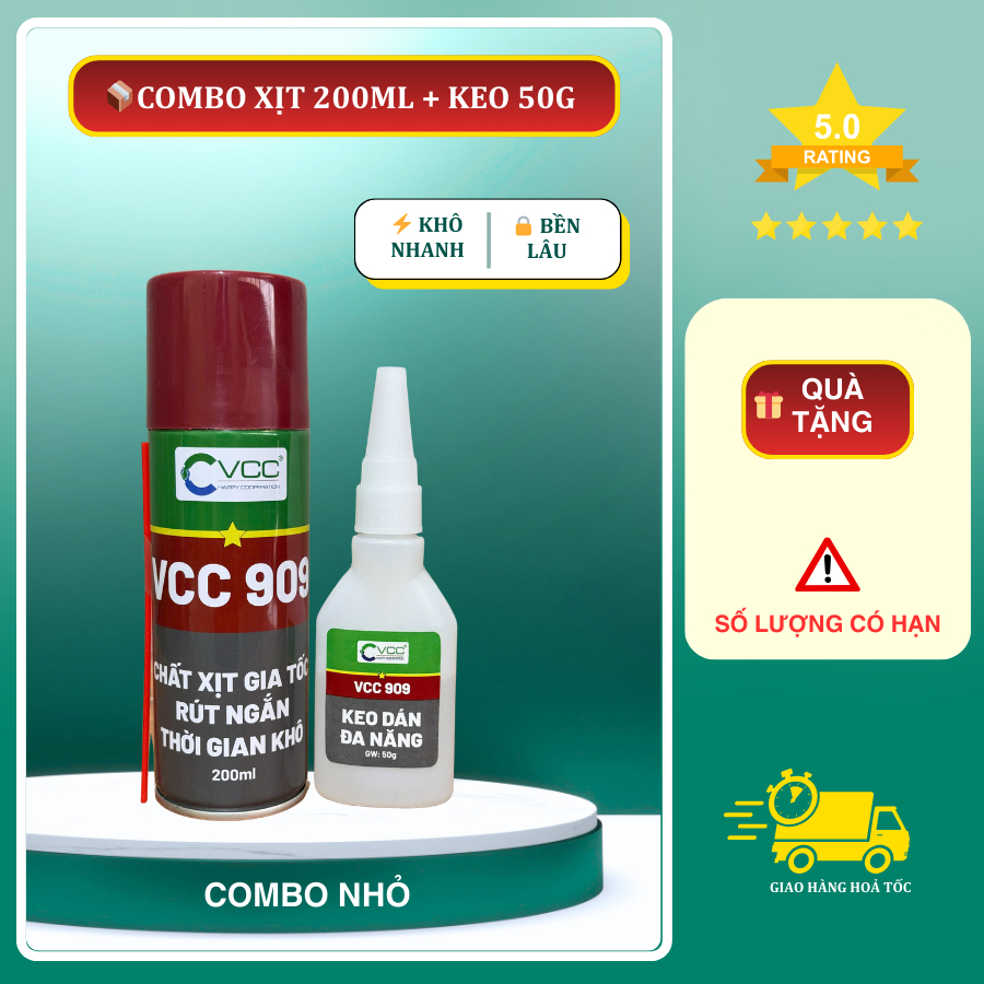 COMBO NHỎ 909 VCC (50g + 200ml) Keo dán đa năng VCC 909 + Xịt tăng tốc 909 | Dính siêu chắc chắn