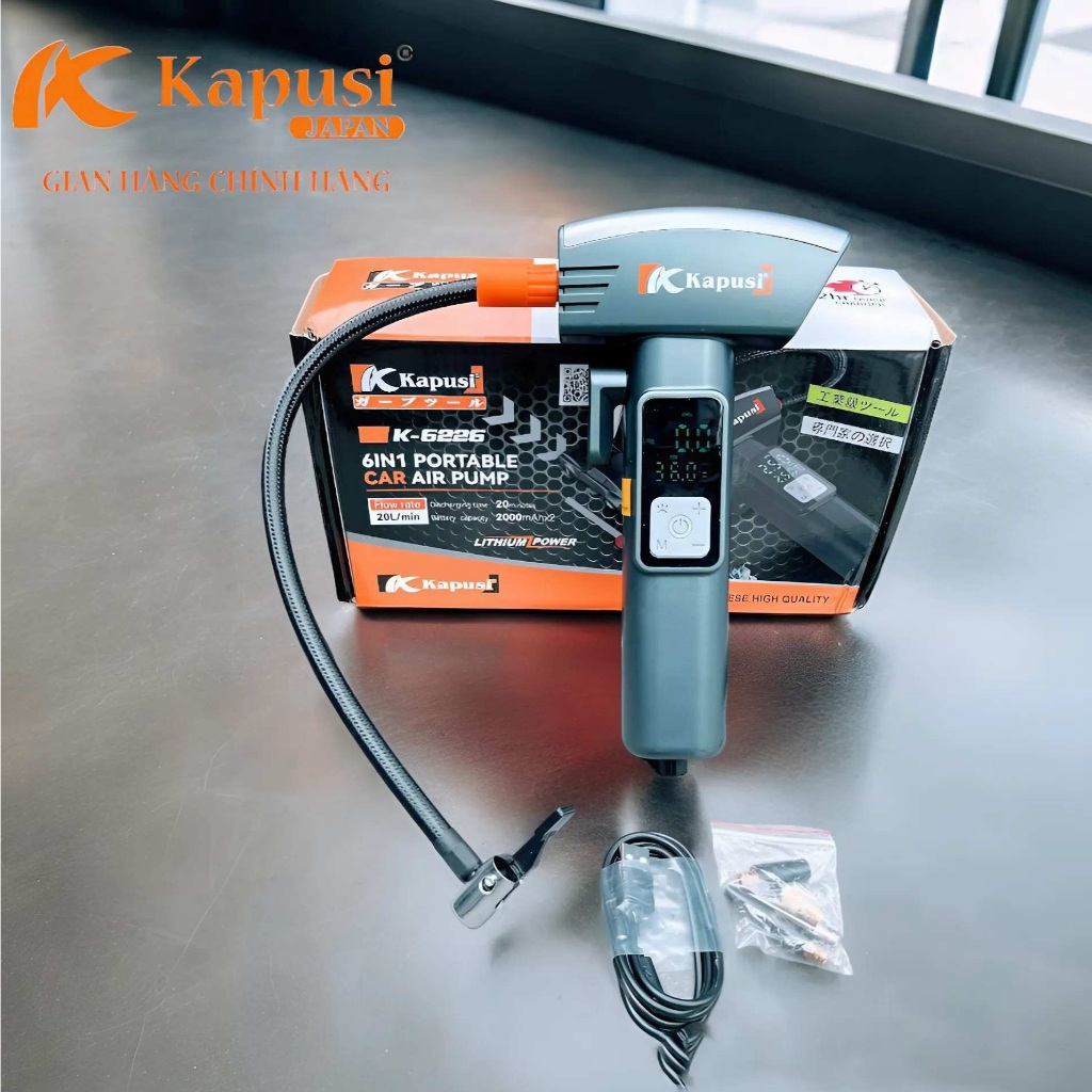   BẢO HÀNH 6 THÁNG  Máy Bơm Lốp Xe Máy Bơm Hơi Mini Dùng Pin KAPUSI K-6226 Màn Hình Led Chân Sạc Tipe-C Tiện Dụng 