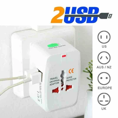 All in One Worldwide Travel Adapter AU UK US EU Power Plug Universal Wall AC100-240v Surge Protected Adaptor Charger with USB Charging Port International Converter (Dual USB Port)