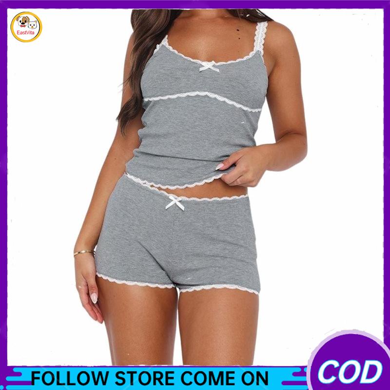 Women Casual Pajama Outfits Summer Lace Trim Spaghetti Strap Cami Top Elastic Waistband Shorts 2-Piece