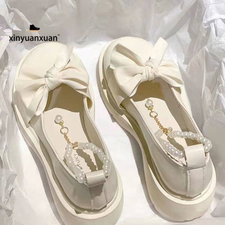 Mary Jane Shoes Girl 2023 Autumn New Bow Pearl Thick Sole Anti slip