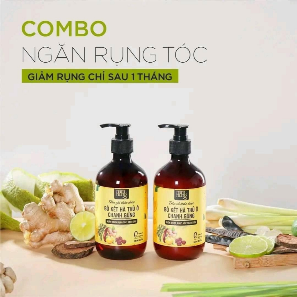 Combo Gội Xả Bồ Kết Hà Thủ Ô Chanh Gừng Nam Nung, Mẫu Cũ Màu Vàng
