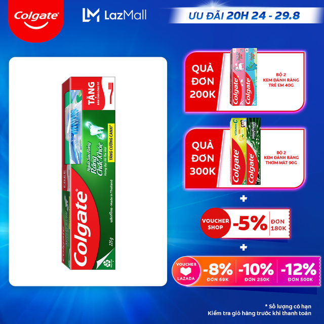 [Ưu đãi 20H 24.8 - 29.8_Áp voucher Colgate 5% + voucher LZD 8%][Tặng bàn chải đánh răng lông mềm] Kem đánh răng Colgate ngừa sâu răng răng chắc khỏe 225g/tuýp tặng bàn chải đánh răng lông tơ nhập khẩu Thái Lan