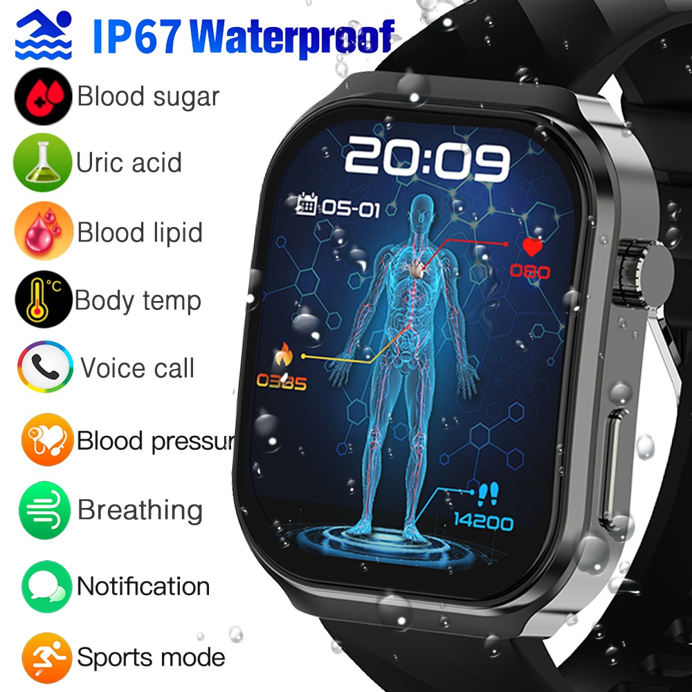 Không xâm lấn đường huyết Đồng hồ thông minh lipid máu axit uric nhiệt độ cơ thể huyết giám sát áp suất Smartwatch cho vòng đeo tay nam/nữ cuộc gọi Bluetooth không thấm nước Thiết bị theo dõi sức khỏe thể thao cho Huawei Xiaomi Android điện thoại IOS