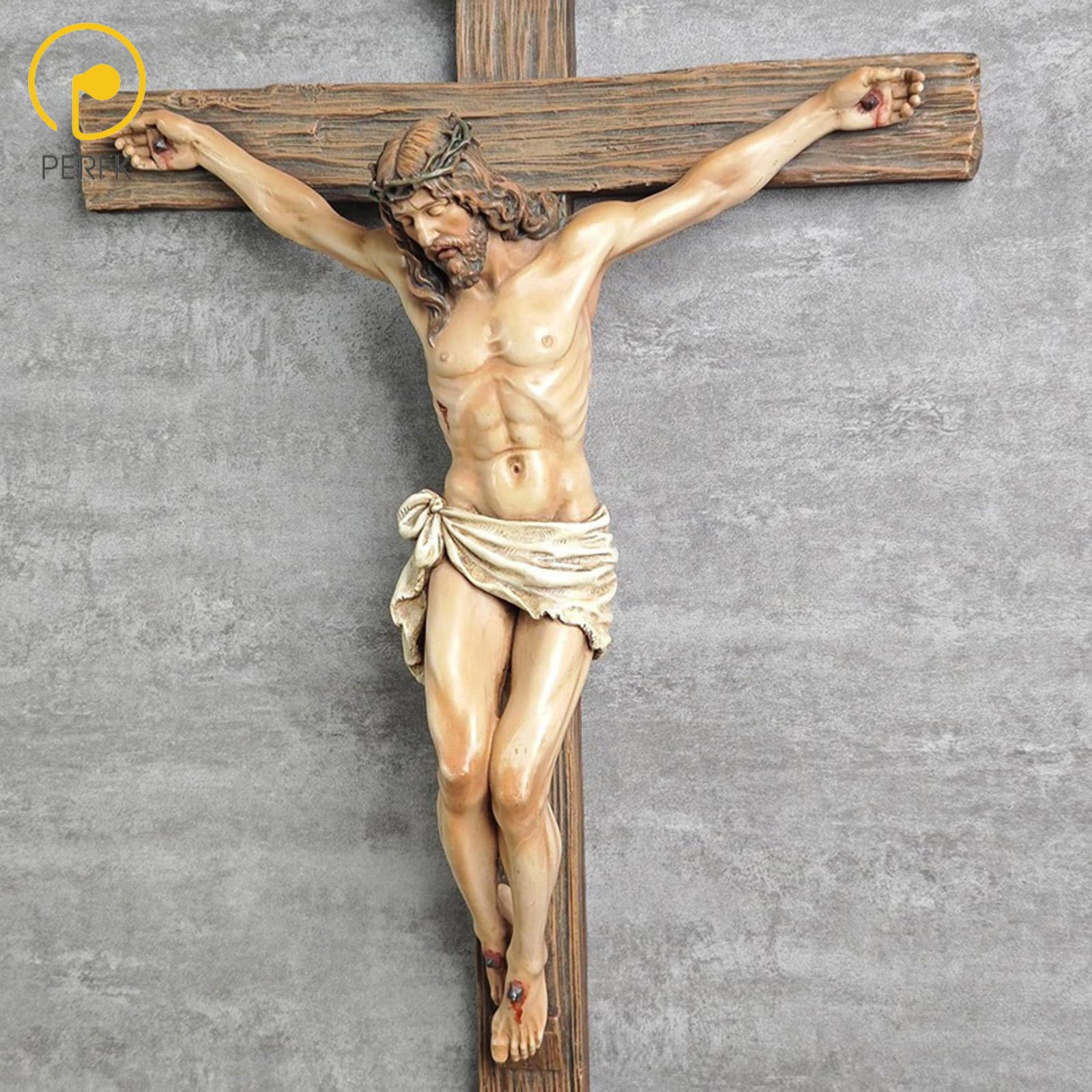 Perfk Crucifix Wall Cross Resin Ornament Sculpture for Home Living Room Bookshelf