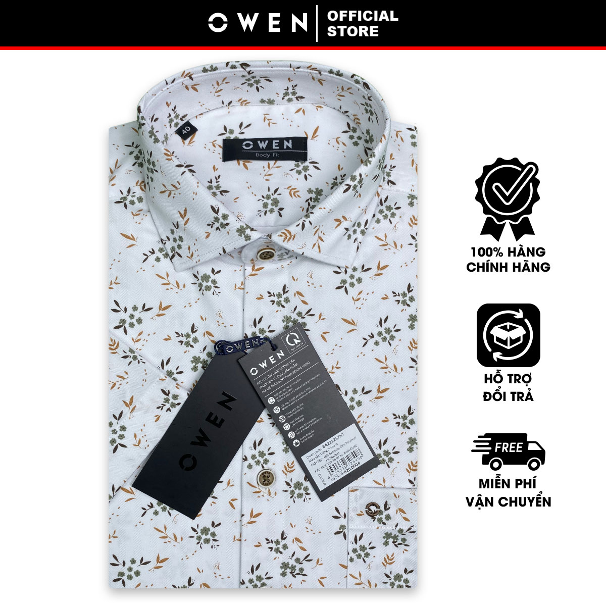 OWEN SALE - Áo Sơ Mi Owen Tay Ngắn Màu Trắng In Hoa Lá  Họa Tiết Hoa Văn Form Body Fit Lai Ngang Chí