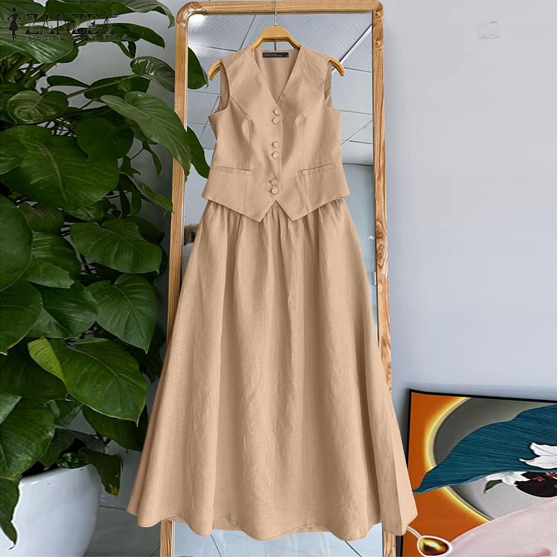 Hijabfab ZANZEA Phụ Nữ Văn Phòng Phụ Nữ Bộ Không Tay v-Cổ áo ba lỗ váy dài Thanh Lịch Giản Dị Phù Hợp Với Trang Phục #0805