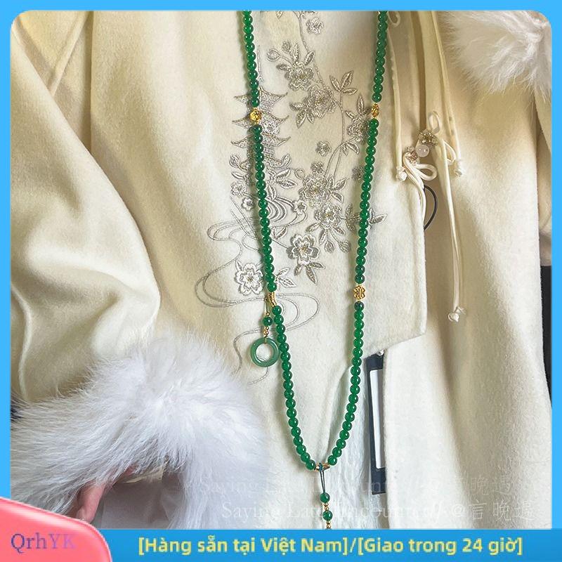 Charm [Hàng sẵn tại Việt Nam] Vòng cổ cầu nguyện bằng đá tự nhiên cho nữ, phong cách Phật giáo, thiền định, đính pha lê xanh, dây chuyền có tua dài, món quà ý nghĩa