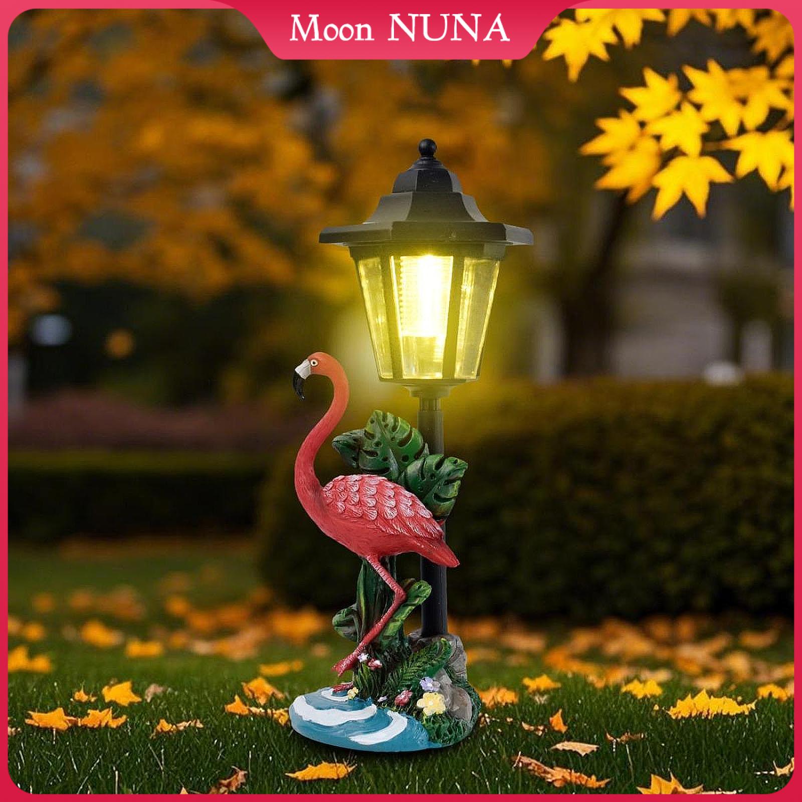 Moon NUNA Garden Flamingo Statue Solar Post Lamp Housewarming Gift Lovely Lifelike Waterproof Resin Sculpture for Flower Bed Yard Porch