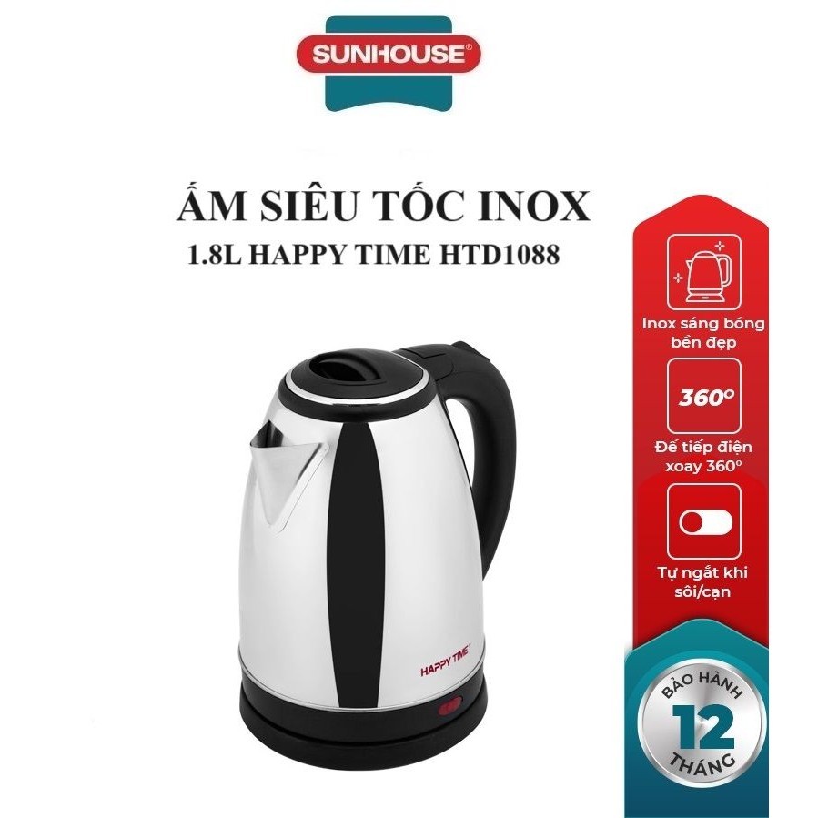 Ấm Siêu Tốc Happy Time HTD1088 1.8L Trắng Bạc - Dung Lượng Lớn, An Toàn Sử Dụng