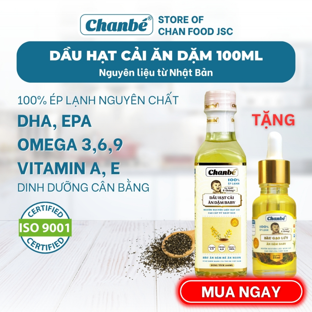 Dầu ăn dặm cho bé ép lạnh từ hạt cải thương hiệu Chan Bé chai thủy tinh 100ml